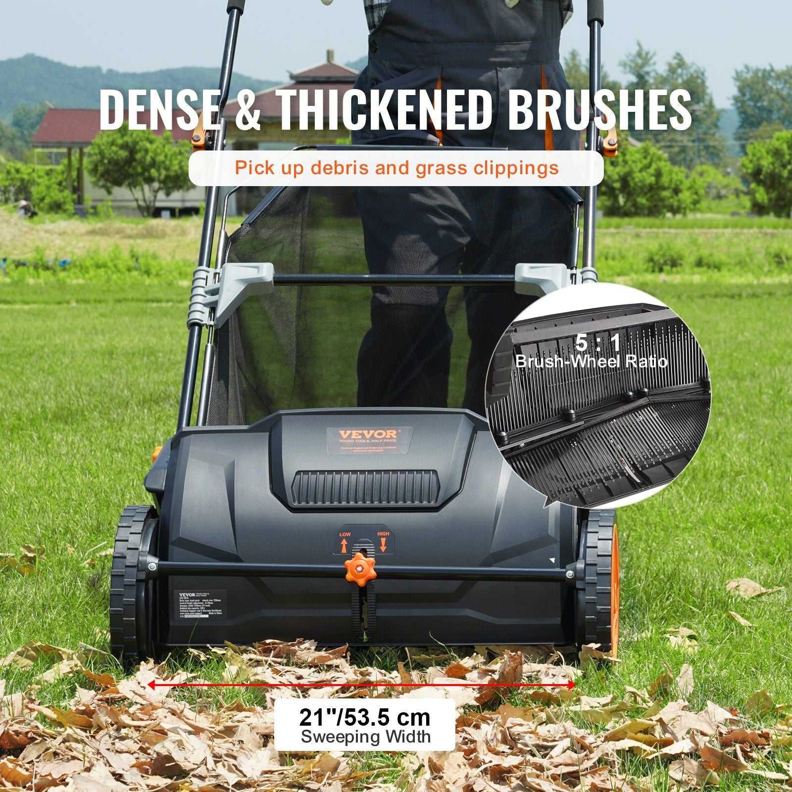 VEVOR Push Lawn Sweeper, 21inch Leaf & Grass Collector, Strong Plastic Wheels & Heavy Duty Thickened Steel Durable to Use with Large Capacity 3.5 cu. ft. Mesh Collection Hopper Bag, 2 Spinning Brushes - luxuryhomedecoridea.com