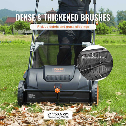 VEVOR Push Lawn Sweeper, 21inch Leaf & Grass Collector, Strong Plastic Wheels & Heavy Duty Thickened Steel Durable to Use with Large Capacity 3.5 cu. ft. Mesh Collection Hopper Bag, 2 Spinning Brushes - luxuryhomedecoridea.com