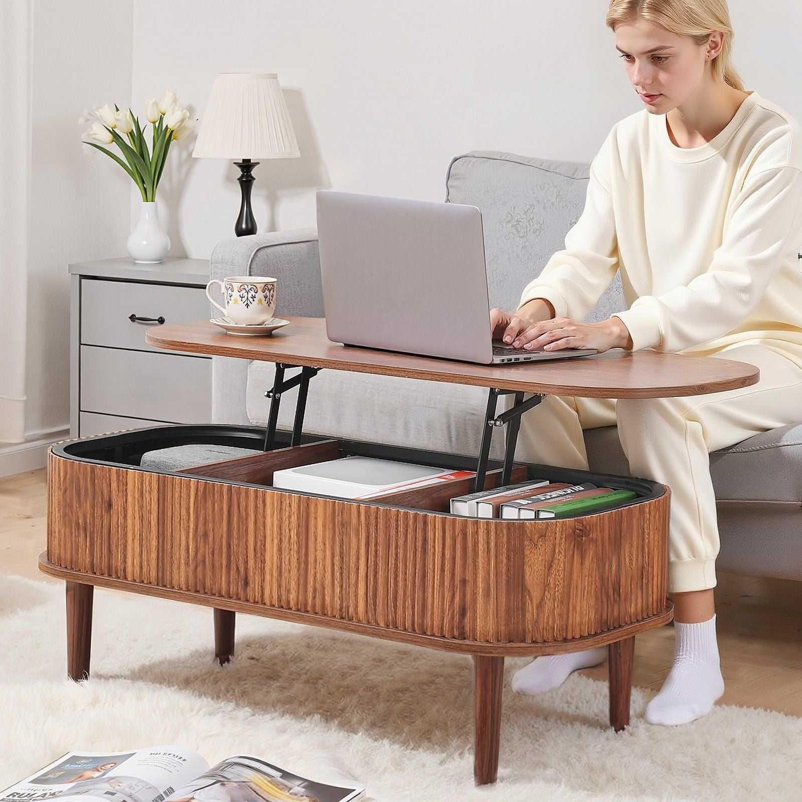 39.4 in Lift Top Coffee Table, Fluted Oval Coffee Table with 3 Hidden Compartment, Mid Century Wooden Oval Center Desk with Storage, Lift Up Tabletop for Home & Office, Easy Assembly, Walnut - luxuryhomedecoridea.com
