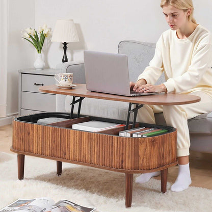 39.4 in Lift Top Coffee Table, Fluted Oval Coffee Table with 3 Hidden Compartment, Mid Century Wooden Oval Center Desk with Storage, Lift Up Tabletop for Home & Office, Easy Assembly, Walnut - luxuryhomedecoridea.com
