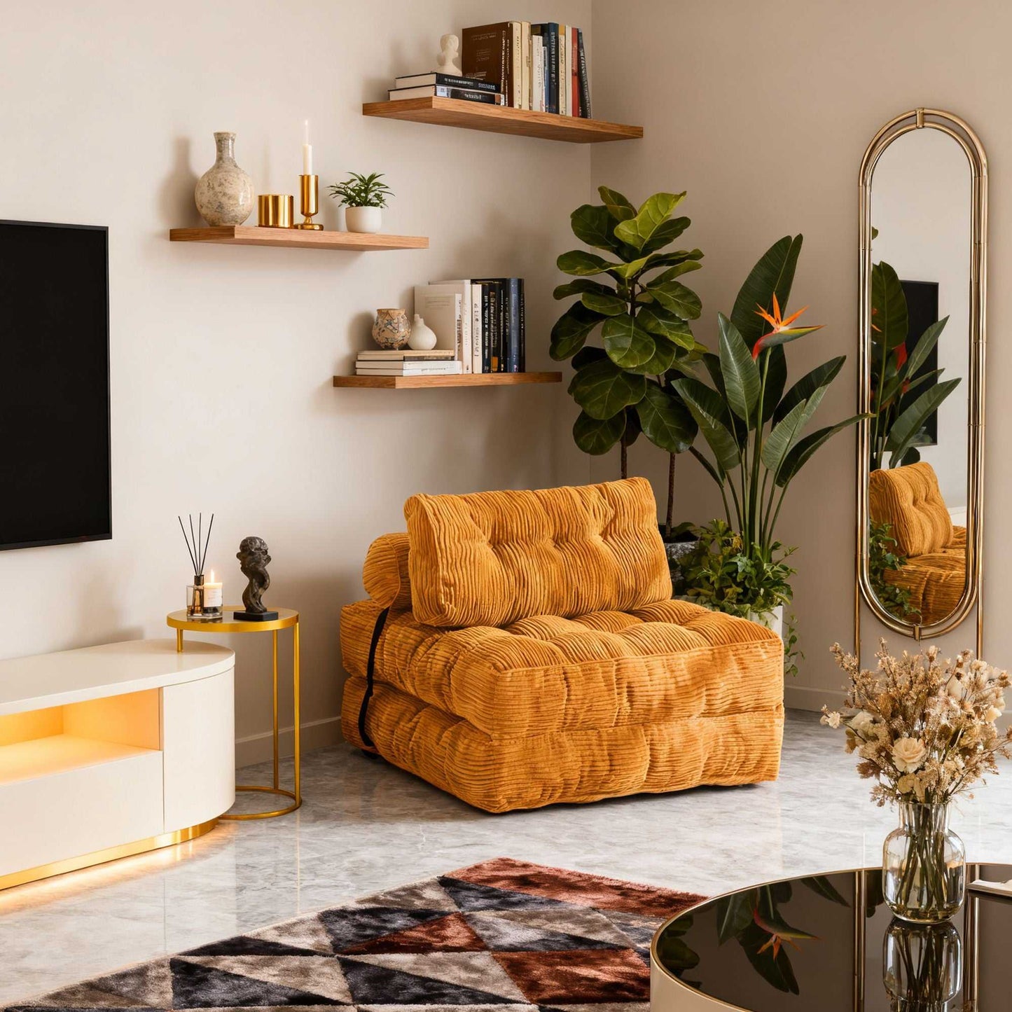 Modern Memory Foam Compressed Sofa Chair,Folding Sofa Bed, Convertible Sleeping Chair With Backrest Support And Soft Corduroy Fabric,Fold Couch Bed With Pillow For Small Spaces - luxuryhomedecoridea.com
