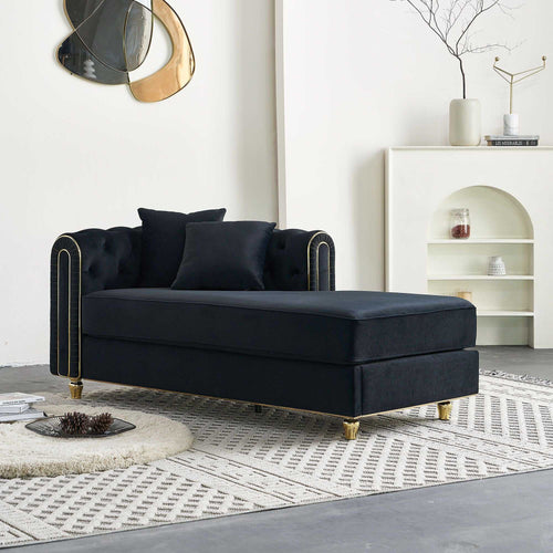 66.9''W Velvet Chaise Lounge,Luxury Modern Chaise Furniture,Tufted Back with 2pcs toss pillows for Living Room,Bedroom,Apartment,Black Color - luxuryhomedecoridea.com