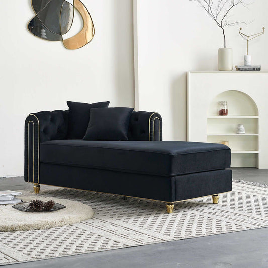 66.9''W Velvet Chaise Lounge,Luxury Modern Chaise Furniture,Tufted Back with 2pcs toss pillows for Living Room,Bedroom,Apartment,Black Color - luxuryhomedecoridea.com