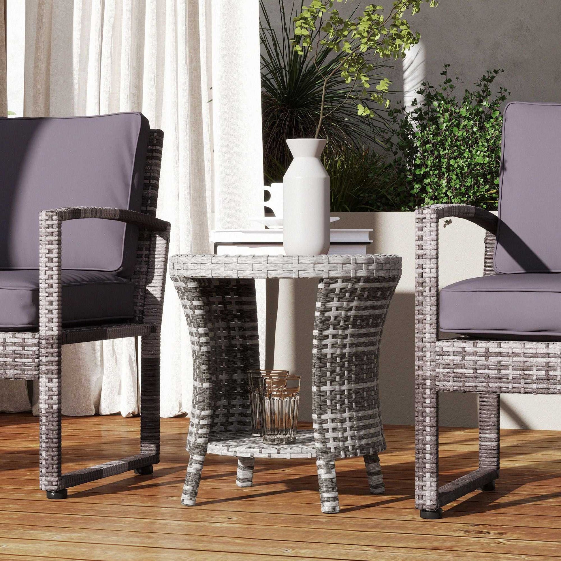 18" Wicker Outdoor Coffee Table, PE Rattan Patio Side Table with 2-Tier Storage, Composite Wood Top, Mixed Gray - luxuryhomedecoridea.com