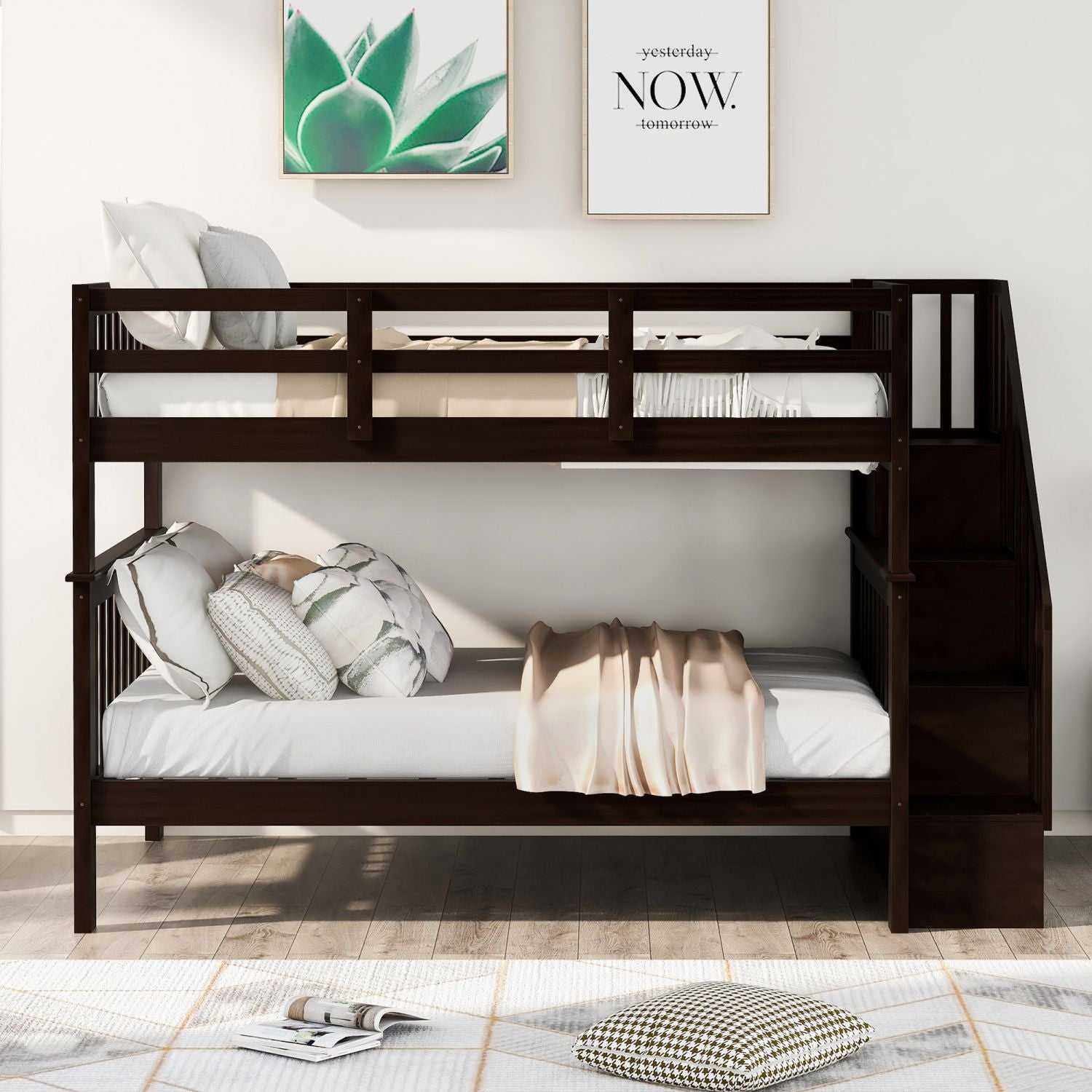 Stairway Full-Over-Full Bunk Bed with Storage and Guard Rail for Bedroom, Dorm, Espresso - luxuryhomedecoridea.com