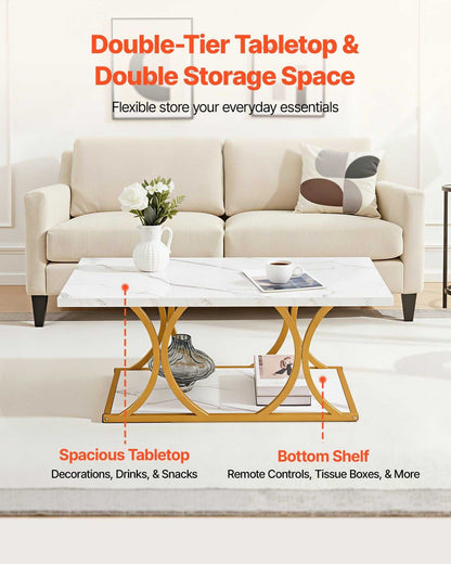 Coffee Table, Modern Faux Marble Coffee Table, 2-Tier Rectangle Center Desk with Geometric Legs, Minimalist Sturdy Metal Frame Accent End Desk for Living Room, Office, Easy Assembly, White - luxuryhomedecoridea.com