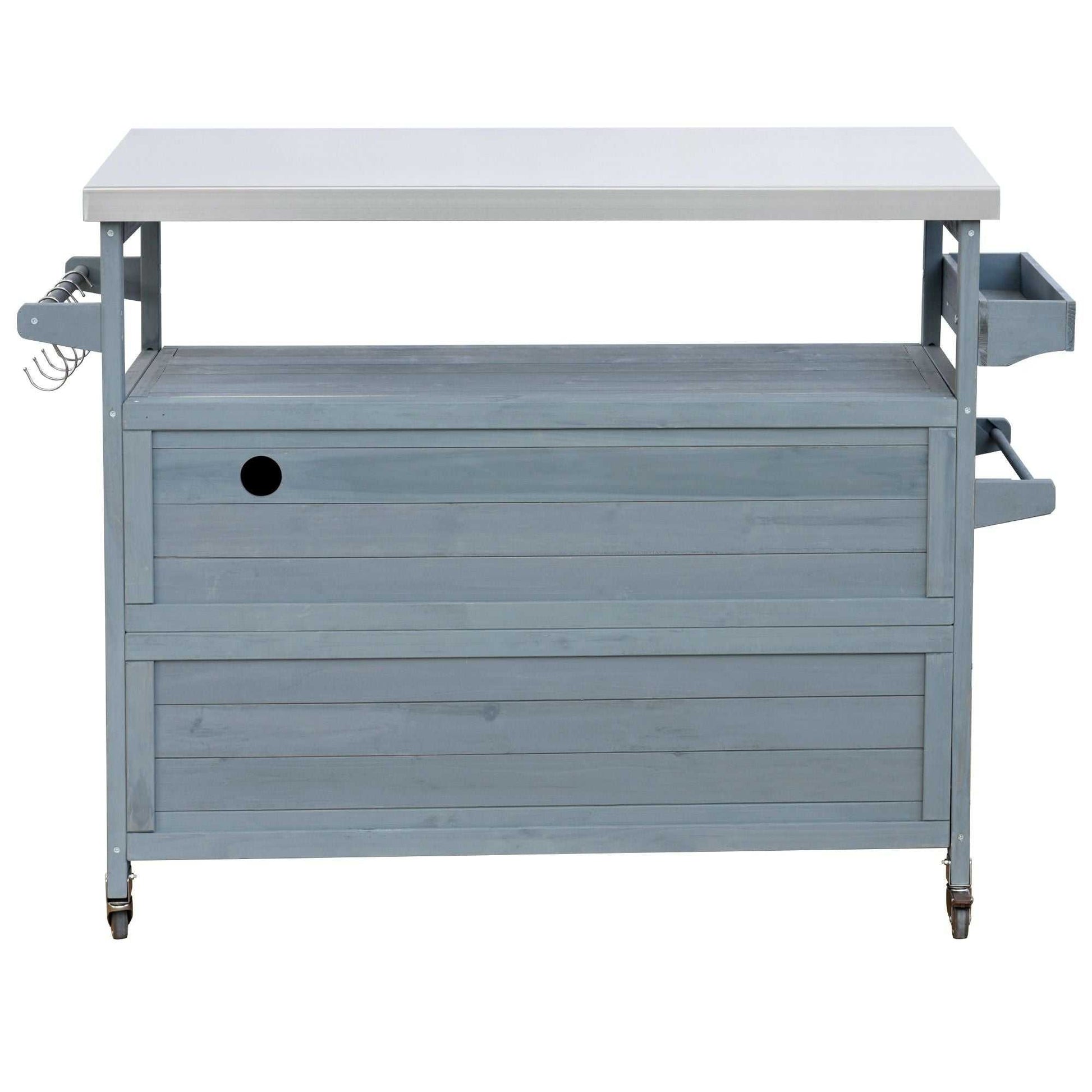 K&K Outdoor Kitchen Island, Rolling Bar Cart & Storage Cabinet, Farmhouse Solid Wood Outdoor Grill Table with Stainless Steel Top, Spice Rack , Towel Rack for Kitchen & BBQ , Grey Blue - luxuryhomedecoridea.com