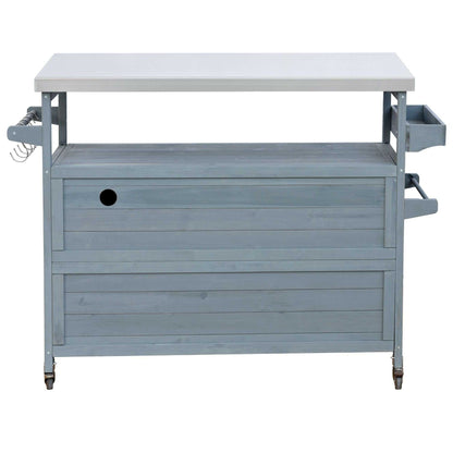 K&K Outdoor Kitchen Island, Rolling Bar Cart & Storage Cabinet, Farmhouse Solid Wood Outdoor Grill Table with Stainless Steel Top, Spice Rack , Towel Rack for Kitchen & BBQ , Grey Blue - luxuryhomedecoridea.com