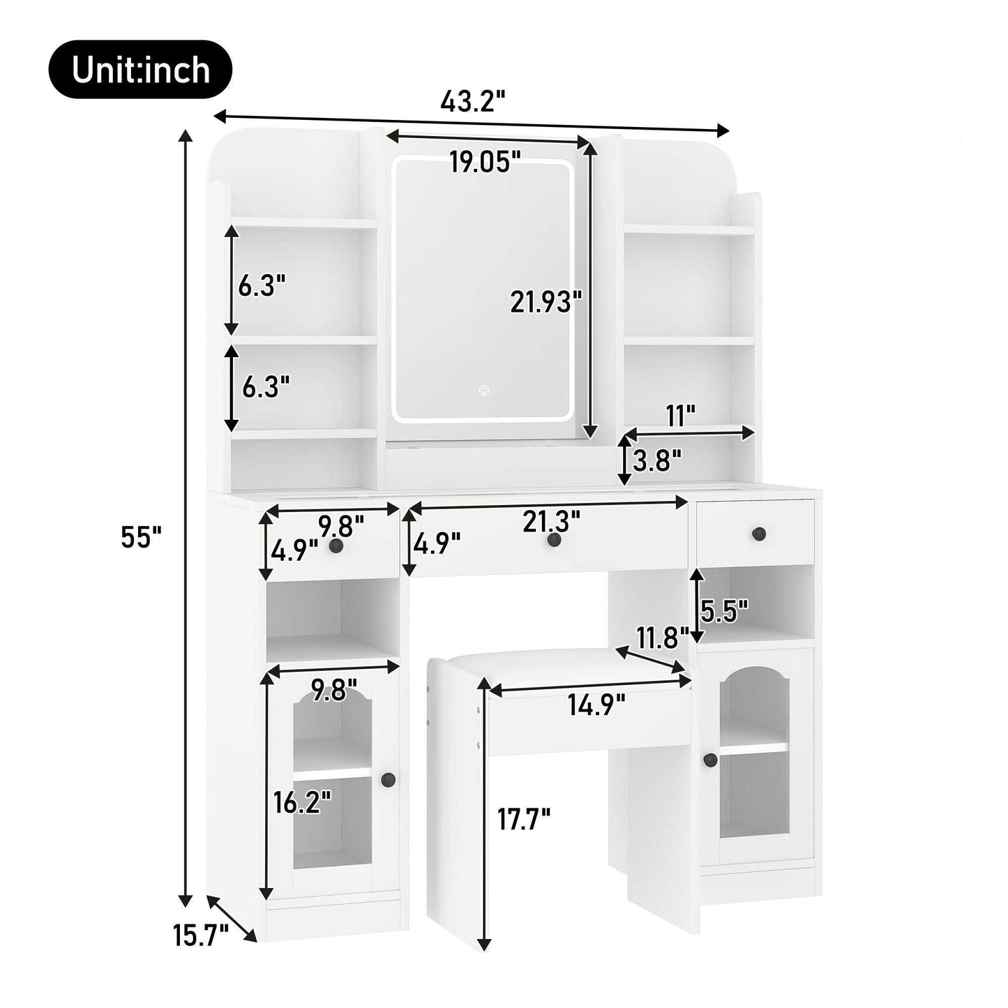 43.2" Vanity Desk with LED Mirror and Lights, Glass Top Vanity with RGB Glass Light Cabinets, Dressing Table with 3 Drawers ,Storage Shelves and Stool for Bedroom - luxuryhomedecoridea.com
