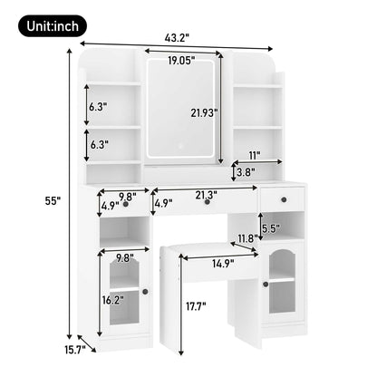 43.2" Vanity Desk with LED Mirror and Lights, Glass Top Vanity with RGB Glass Light Cabinets, Dressing Table with 3 Drawers ,Storage Shelves and Stool for Bedroom - luxuryhomedecoridea.com