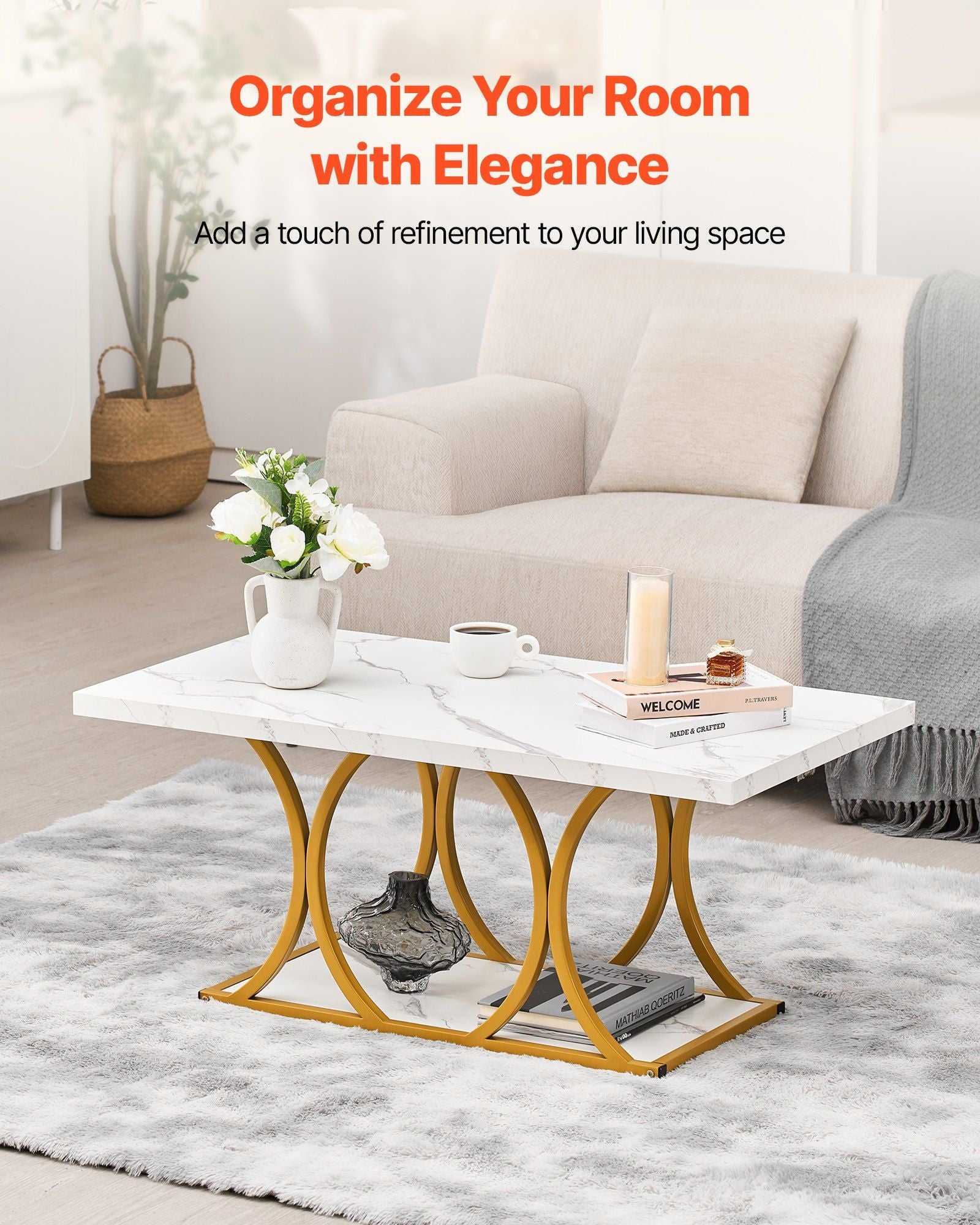 Coffee Table, Modern Faux Marble Coffee Table, 2-Tier Rectangle Center Desk with Geometric Legs, Minimalist Sturdy Metal Frame Accent End Desk for Living Room, Office, Easy Assembly, White - luxuryhomedecoridea.com
