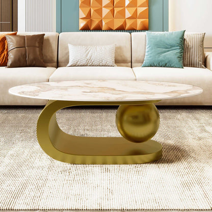 Modern Oval Coffee Table for Living Room, Marble Pattern Sintered Stone Coffee Tabletop with Gold Stainless Steel Base in 47.2" - luxuryhomedecoridea.com