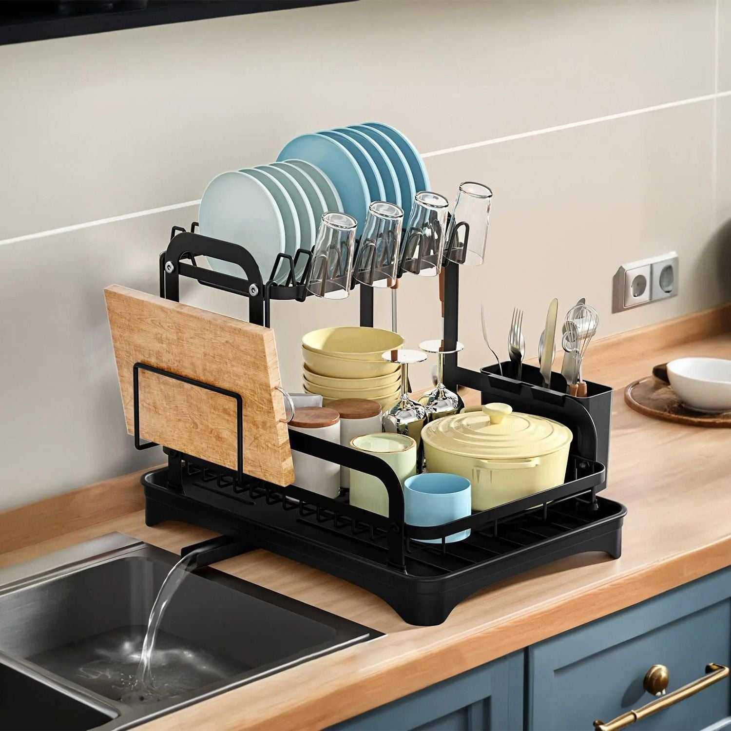 2-Tier Dish Drying Rack for Kitchen Counter Space Saving Rustproof Dish Rack with Drainboard Detachable Kitchen Drainer Organizer Set - luxuryhomedecoridea.com