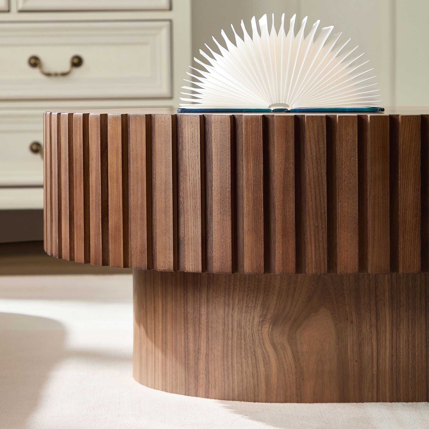 43.70 Inch Modern Handcraft Drum Coffee Table Oval Coffee Table for Living Room,Small Wooden Coffee Table with Sturdy Pedestal for Office - luxuryhomedecoridea.com