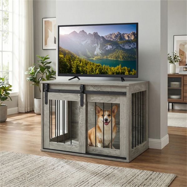 31.5" Dog Crate Furniture with Sliding Barn Door, Wooden Dog Kennel End Table for Indoor Use - Gray - luxuryhomedecoridea.com