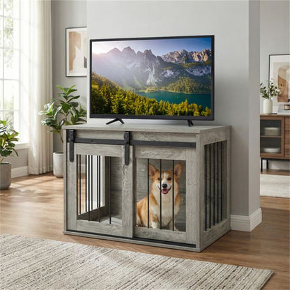31.5" Dog Crate Furniture with Sliding Barn Door, Wooden Dog Kennel End Table for Indoor Use - Gray - luxuryhomedecoridea.com