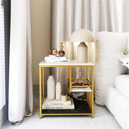 3-Tier Side Table with Marble Top & Gold Frame, Modern 23.5" End Table for Living Room Bedroom - luxuryhomedecoridea.com