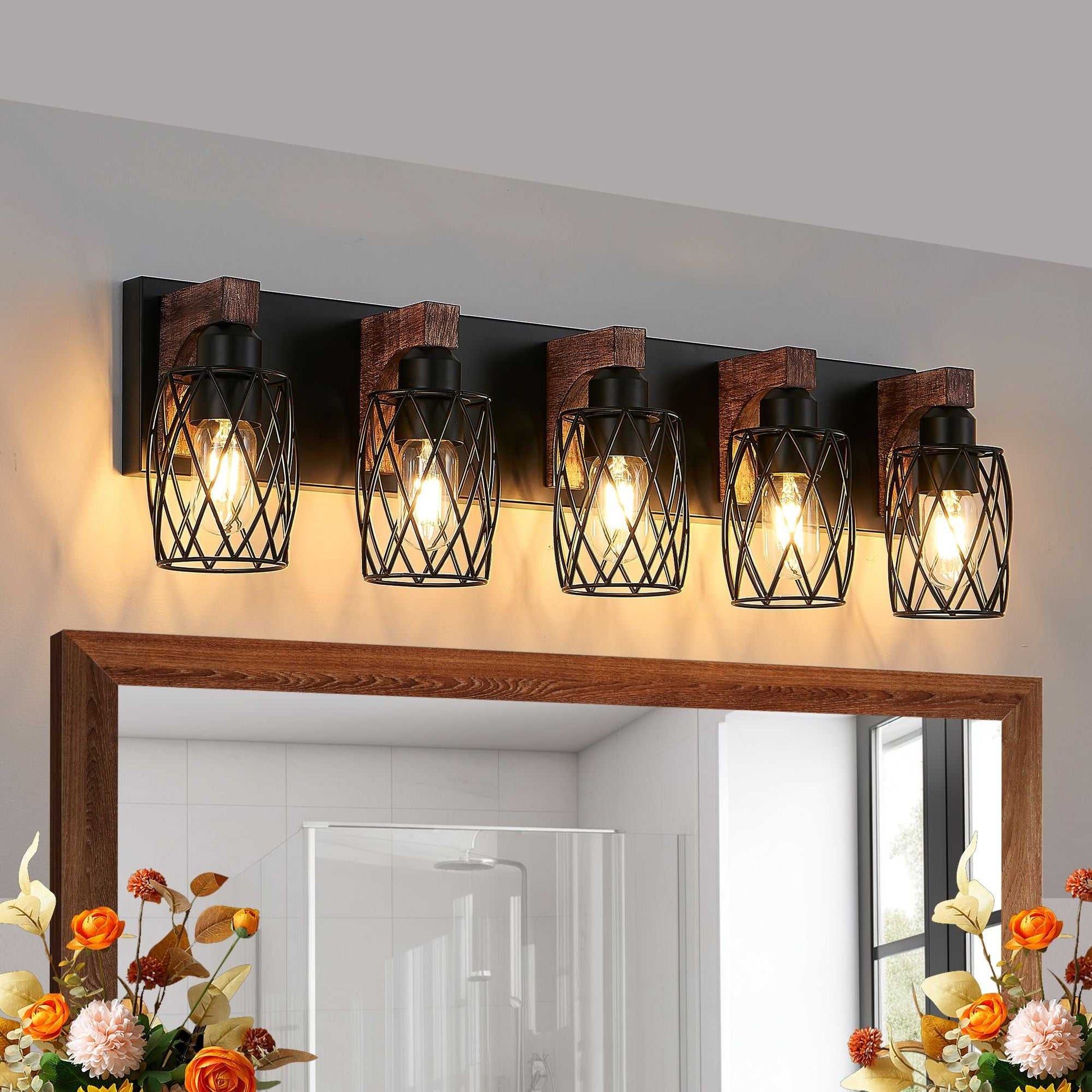 31" Industrial Vintage 5-Light Wall Sconce - Black Cage Wall Lighting Fixture with Wooden Accents for Bathroom, Hallway, or Living Room (Bulb Not Included) - luxuryhomedecoridea.com