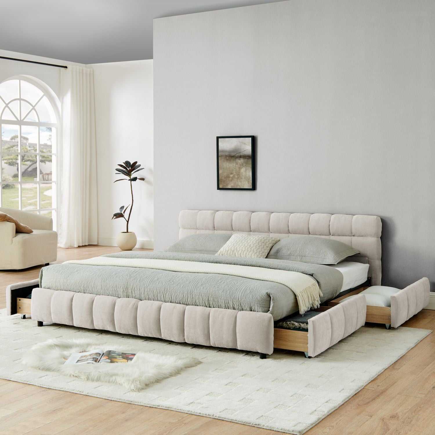 King Size Upholstered Bed ,comfortable upholstered bed frame, Chenille fabric, with headboard and solid bed frame. With drawer for storage.-Beige(88.5''*85.5''*31'') - luxuryhomedecoridea.com