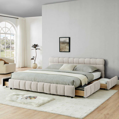 King Size Upholstered Bed ,comfortable upholstered bed frame, Chenille fabric, with headboard and solid bed frame. With drawer for storage.-Beige(88.5''*85.5''*31'') - luxuryhomedecoridea.com