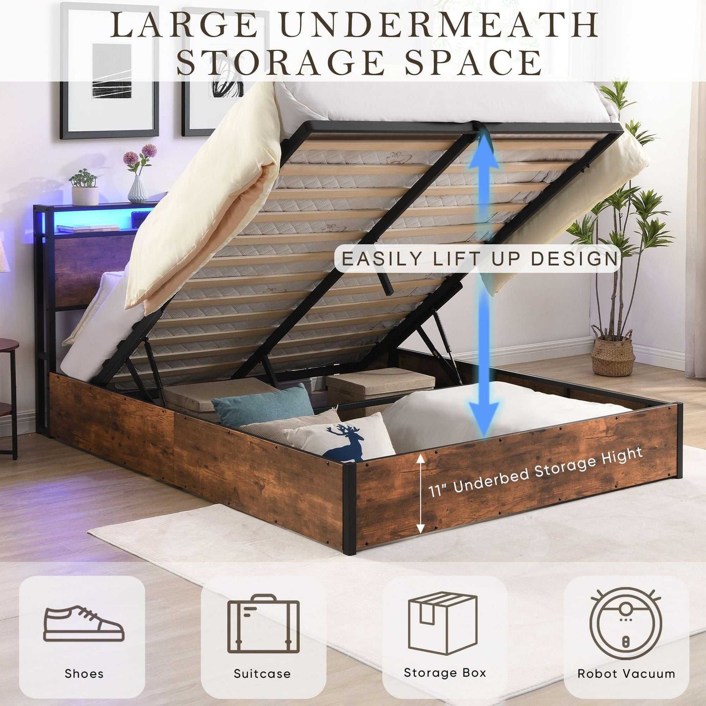Lift-up Storage Bed Frame, Full Size Bed Frame with Bookcase Headboard & LED Lights, Wooden Platform Bed Frame with Charging Station, No Spring Box Needed, Rustic Brown - luxuryhomedecoridea.com