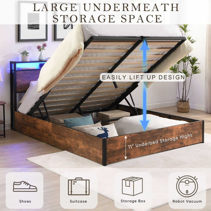 Lift-up Storage Bed Frame, Full Size Bed Frame with Bookcase Headboard & LED Lights, Wooden Platform Bed Frame with Charging Station, No Spring Box Needed, Rustic Brown - luxuryhomedecoridea.com