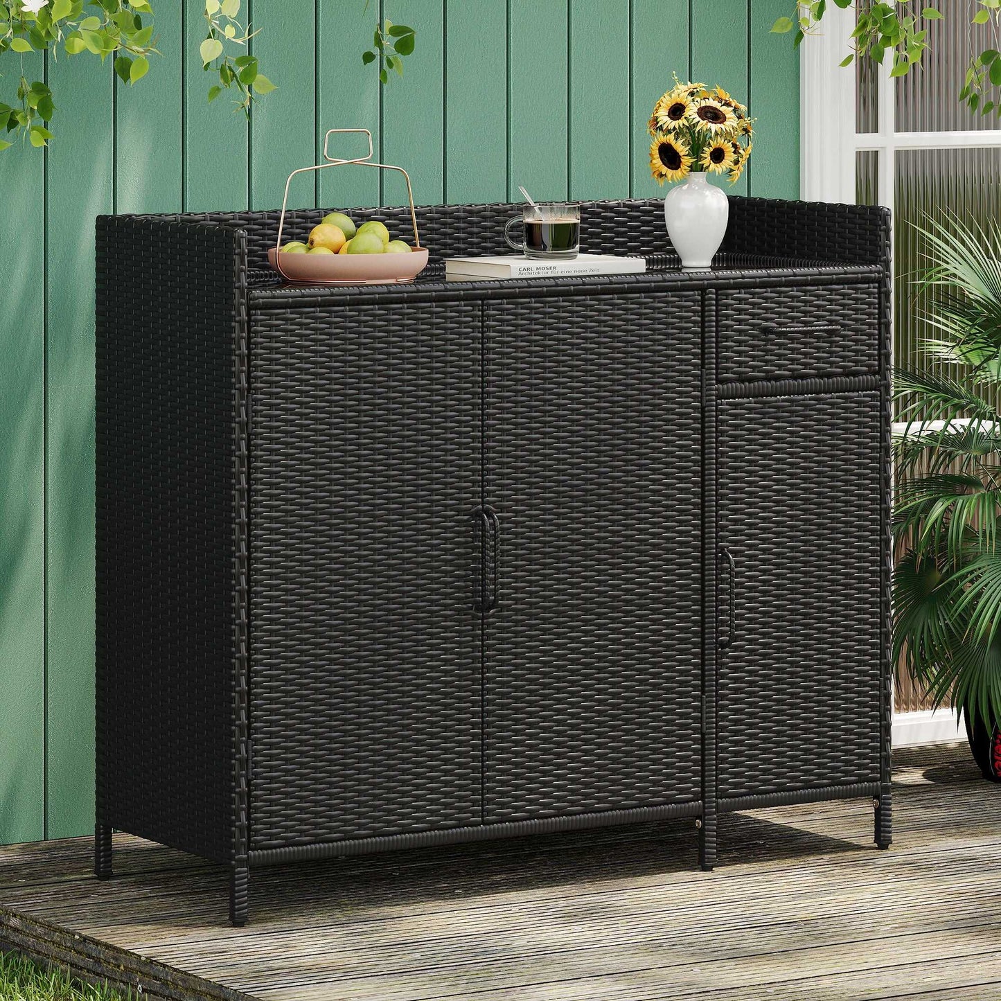 47.5"W Wicker Outdoor Storage Cabinet with Tempered Glass Desktop, Weather-proof Rattan Bar Table with Three Doors, Adjustable Shelf, and One Drawer, for Outdoor Cushions, Pool Toys - luxuryhomedecoridea.com
