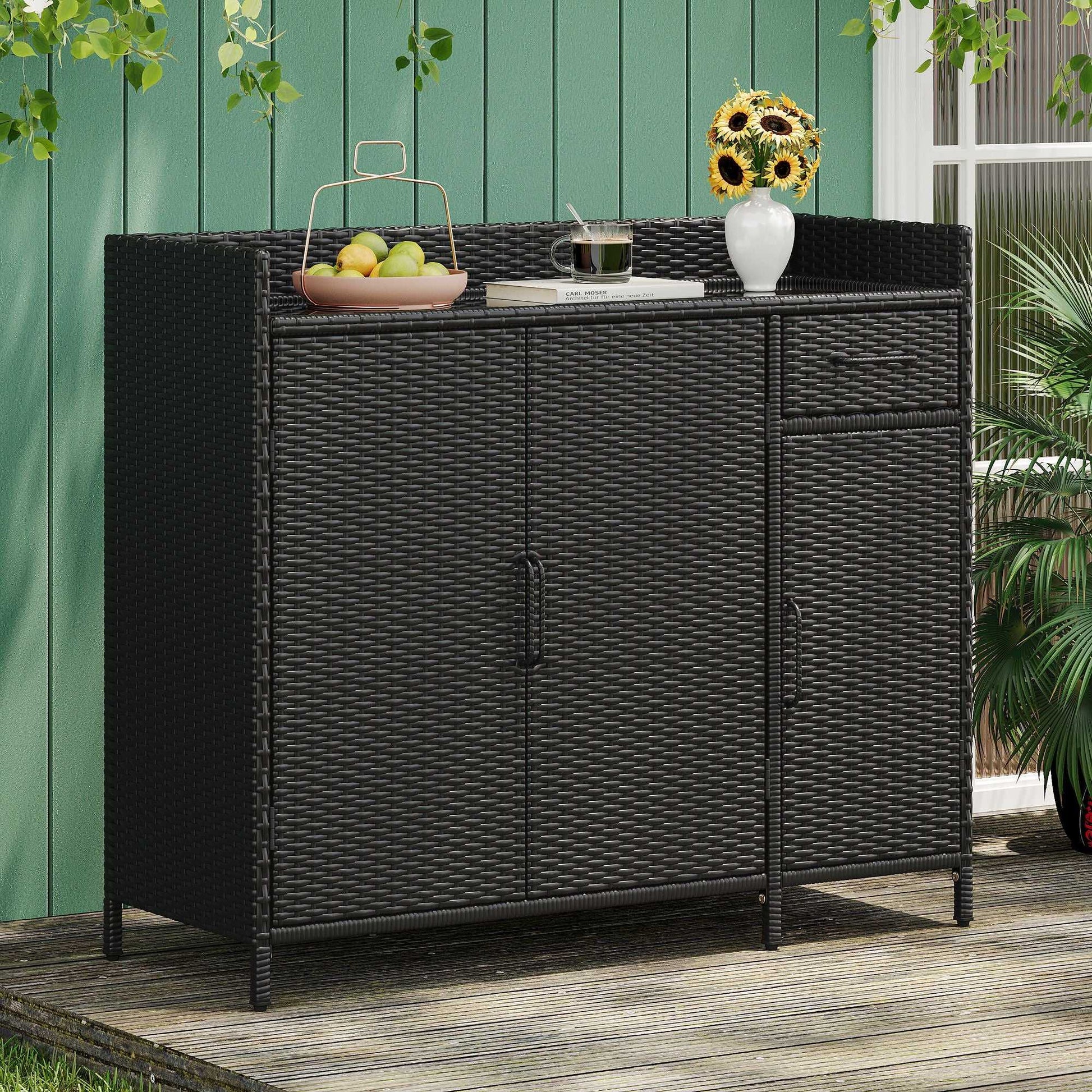 47.5"W Wicker Outdoor Storage Cabinet with Tempered Glass Desktop, Weather-proof Rattan Bar Table with Three Doors, Adjustable Shelf, and One Drawer, for Outdoor Cushions, Pool Toys - luxuryhomedecoridea.com