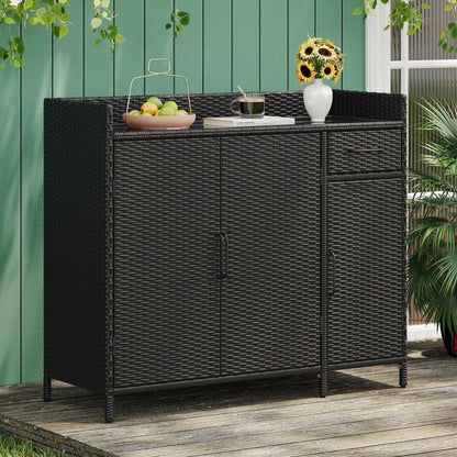 47.5"W Wicker Outdoor Storage Cabinet with Tempered Glass Desktop, Weather-proof Rattan Bar Table with Three Doors, Adjustable Shelf, and One Drawer, for Outdoor Cushions, Pool Toys - luxuryhomedecoridea.com