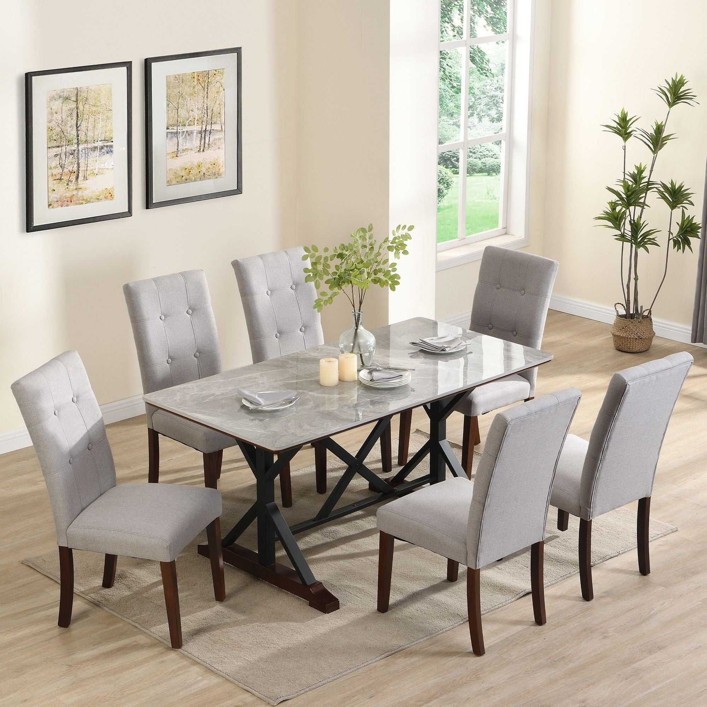 7-piece Modern Dining Table Set, Gray Sintered Stone Dining Table with 6 Tufted Upholstered Chairs, 63-inch Rectangle Dining Table for Dining Room - luxuryhomedecoridea.com