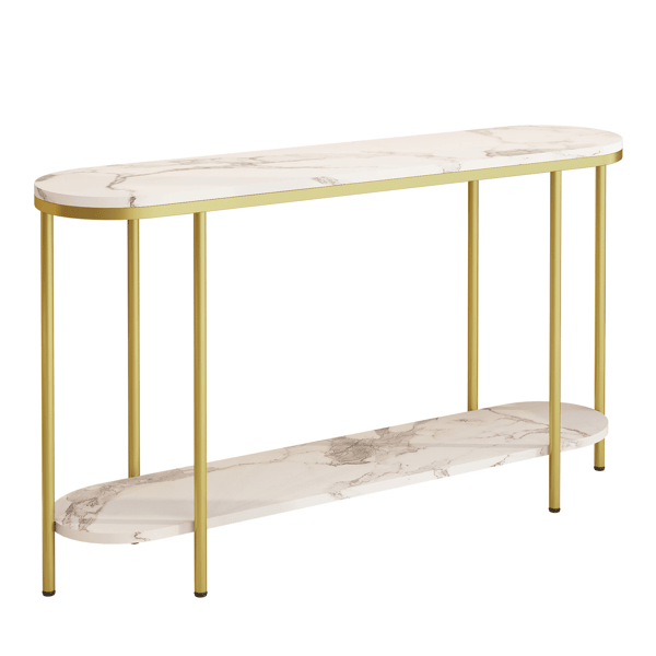 2-Tier Oval Console Table, White Faux Marble Top with Gold Metal Frame, Modern Entryway Table with Open Shelf, 42.1"×11.4"×30.5" Narrow Sofa Table for Hallway, Living Room & Foyer - luxuryhomedecoridea.com