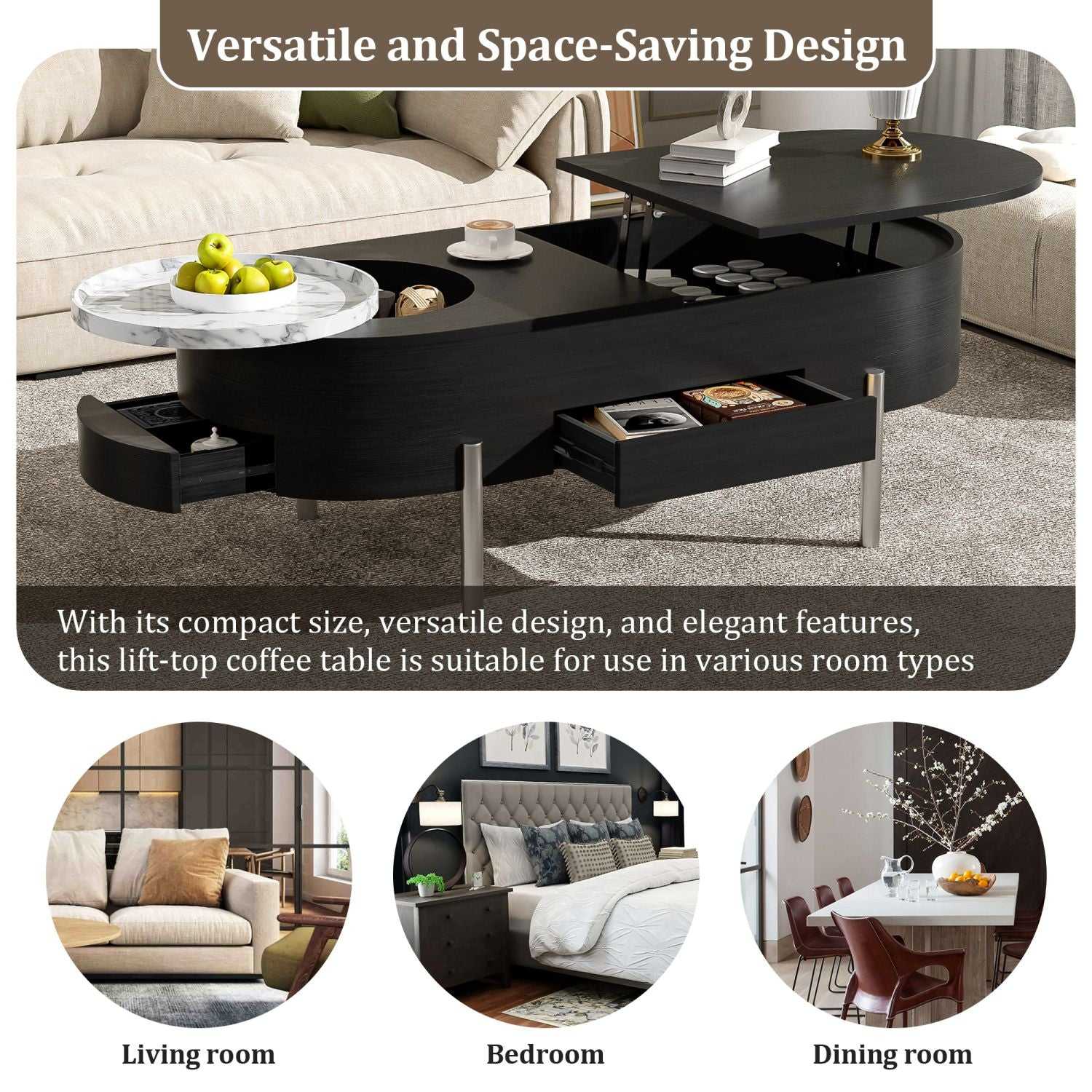U-Can 47.2''Lift Top Coffee Table with 360-degree Marble-patterned rotating tray,Hidden Compartment, Partially Assembled Wooden Center Table, Modern Oval Lift Tabletop for Home Living Room - luxuryhomedecoridea.com
