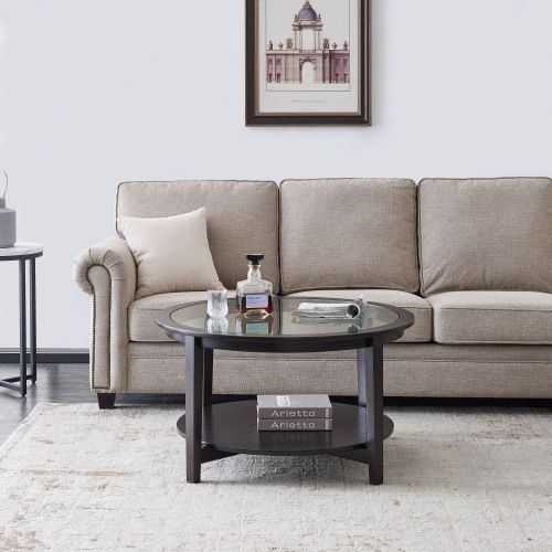 Modern Solid wood round coffee table with tempered glass top black color-36" - luxuryhomedecoridea.com