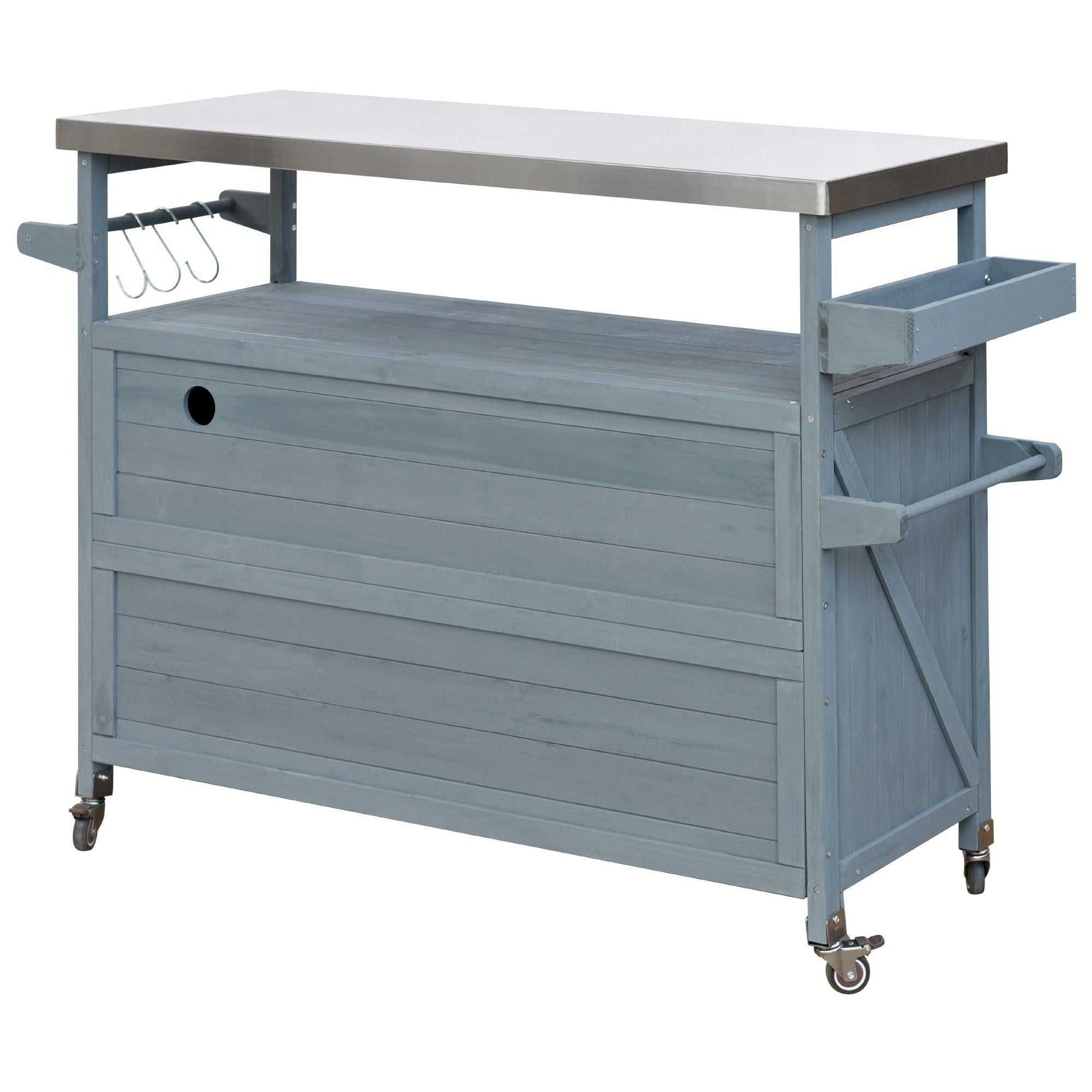 Outdoor Kitchen Island, Rolling Bar Cart & Storage Cabinet, Farmhouse Solid Wood Outdoor Grill Table with Stainless Steel Top, Spice Rack , Towel Rack for Kitchen & BBQ , Grey Blue - luxuryhomedecoridea.com