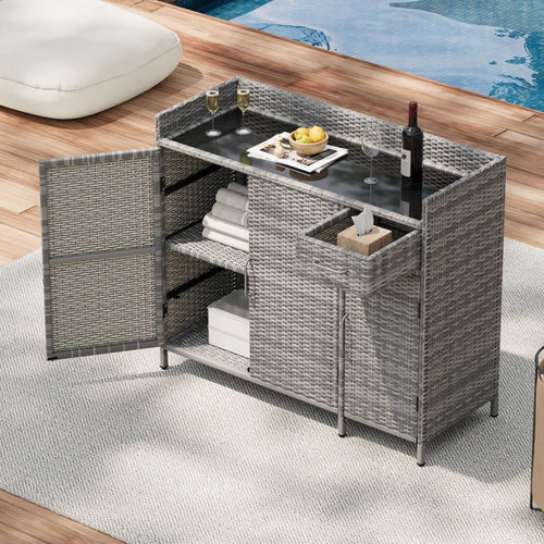 47.5"W Wicker Outdoor Storage Cabinet with Tempered Glass Desktop, Weather-proof Rattan Bar Table with Three Doors, Adjustable Shelf, and One Drawer, for Outdoor Cushions, Pool Toys - luxuryhomedecoridea.com
