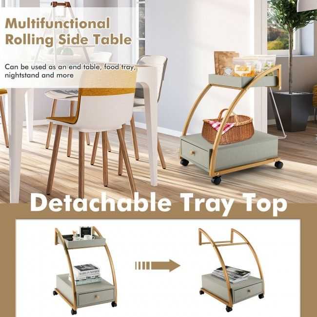Modern C-shaped Frame Tray With Storage Drawer Nightstand End Table - luxuryhomedecoridea.com