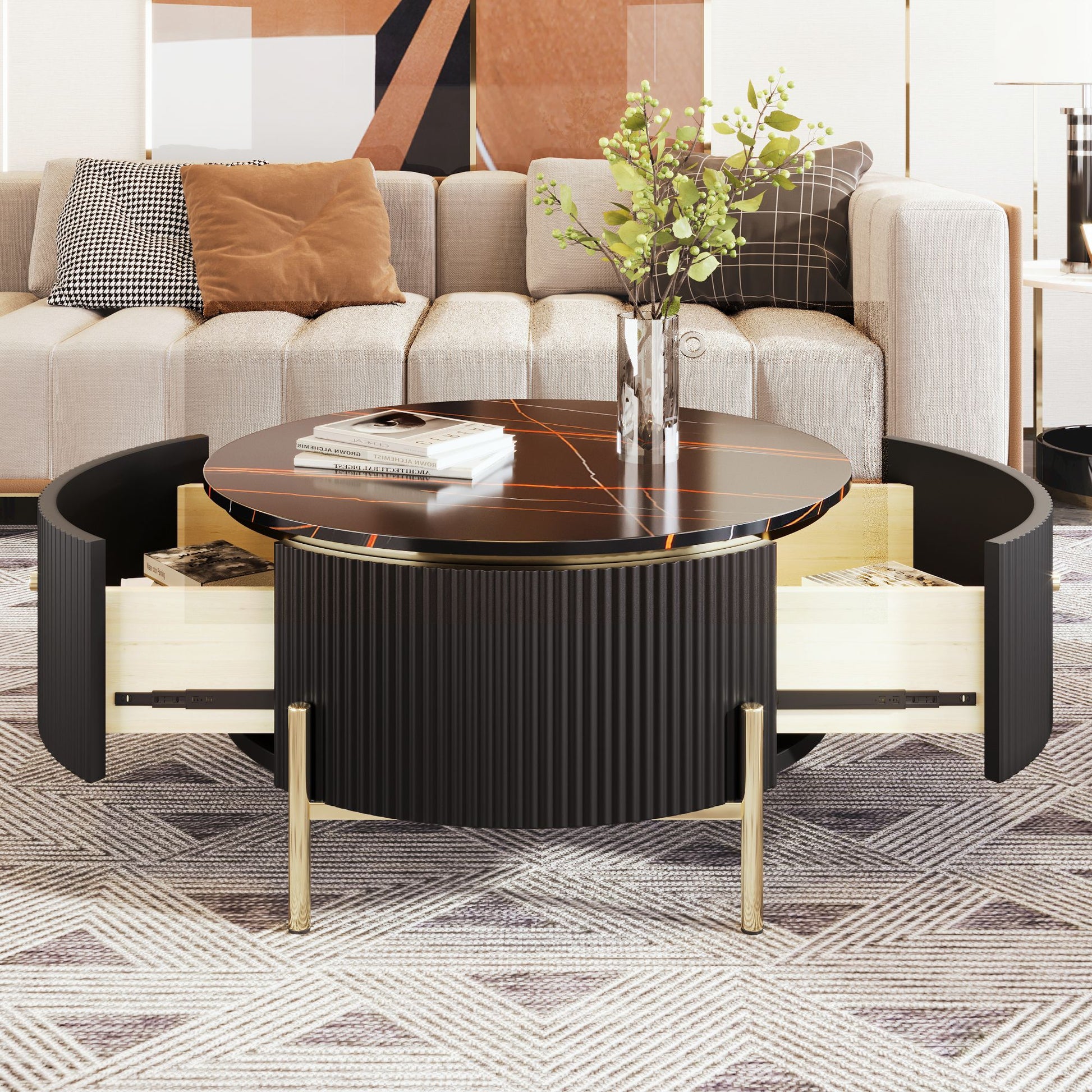 Modern Round Coffee Table with 2 large Drawers Storage Accent Table(31.5'') - luxuryhomedecoridea.com