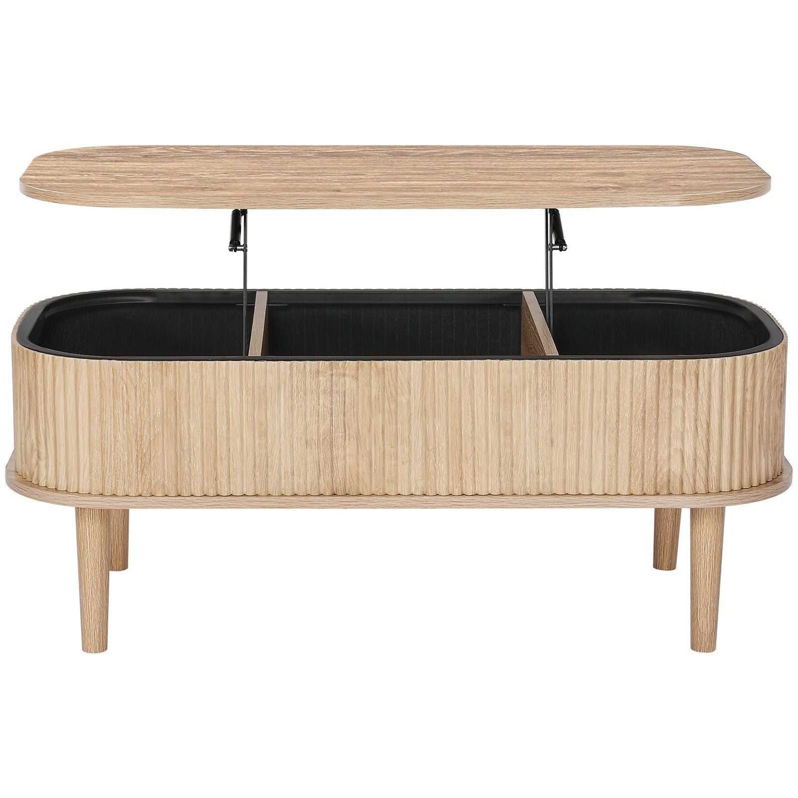 39.4 in Lift Top Coffee Table, Fluted Oval Coffee Table with 3 Hidden Compartment, Mid Century Wooden Oval Center Desk with Storage, Lift Up Tabletop for Home & Office, Easy Assembly, Burlywood - luxuryhomedecoridea.com