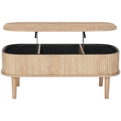 39.4 in Lift Top Coffee Table, Fluted Oval Coffee Table with 3 Hidden Compartment, Mid Century Wooden Oval Center Desk with Storage, Lift Up Tabletop for Home & Office, Easy Assembly, Burlywood - luxuryhomedecoridea.com