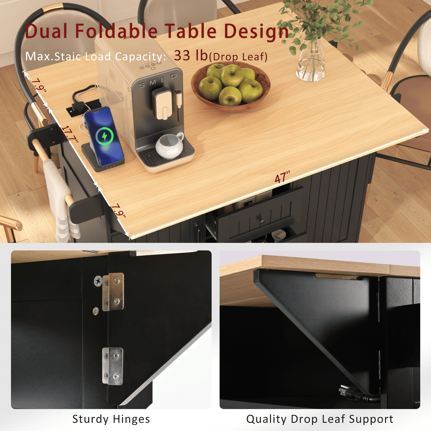 55.7" Large Kitchen Island with 2 Drop Leaf,Rolling Kitchen Cart on 5 Wheels with Power Outlet, Folding Storage Dining Table with Spice & Towel Rack , 3 Drawers, for Kitchen, Dining Room - luxuryhomedecoridea.com