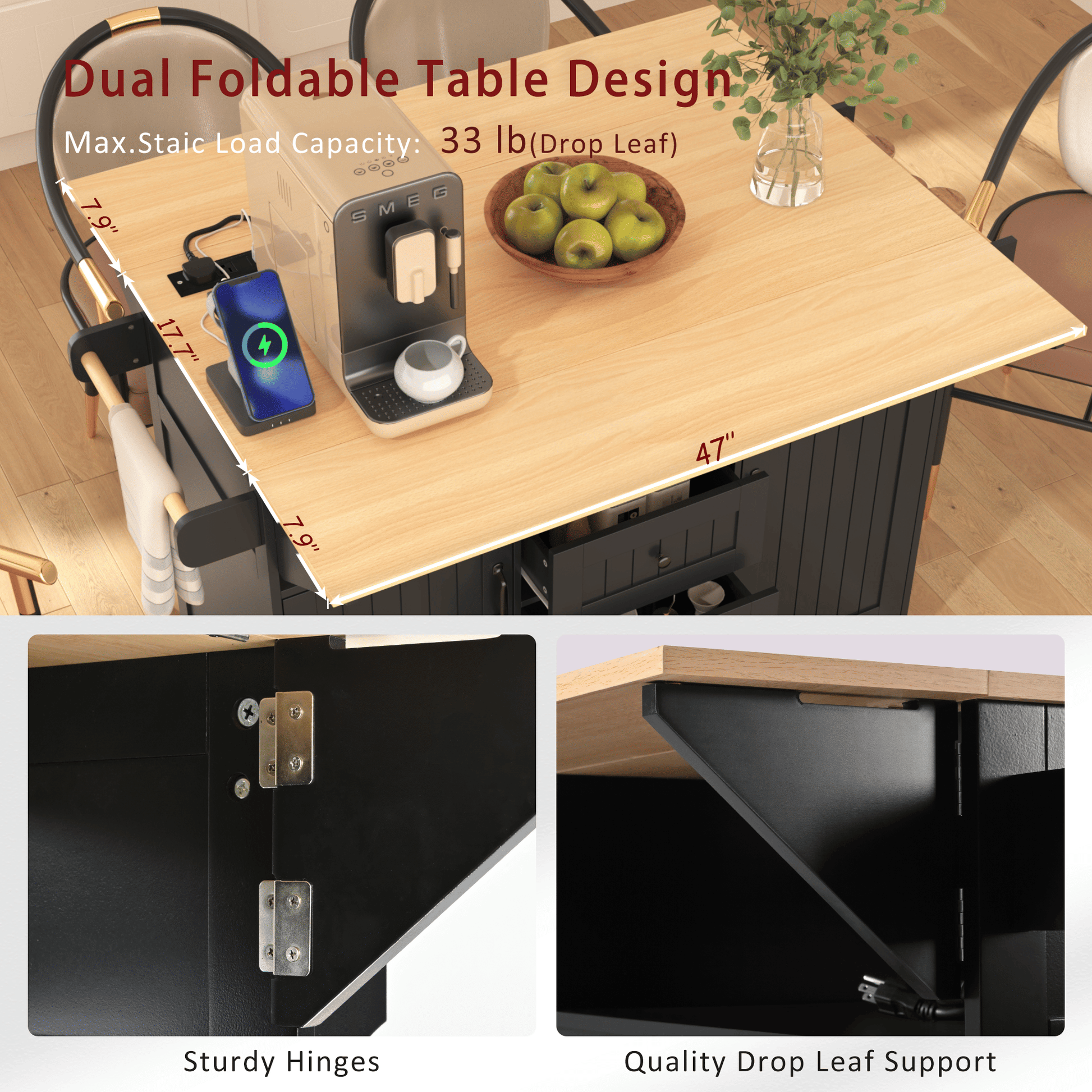 55.7" Large Kitchen Island with 2 Drop Leaf,Rolling Kitchen Cart on 5 Wheels with Power Outlet, Folding Storage Dining Table with Spice & Towel Rack , 3 Drawers, for Kitchen, Dining Room - luxuryhomedecoridea.com
