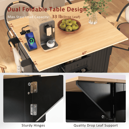 55.7" Large Kitchen Island with 2 Drop Leaf,Rolling Kitchen Cart on 5 Wheels with Power Outlet, Folding Storage Dining Table with Spice & Towel Rack , 3 Drawers, for Kitchen, Dining Room - luxuryhomedecoridea.com