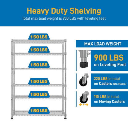 6 Tier Removable and Freely Adjustable NSF Certified Wire Shelving Unit with Wheels Heavy Duty Metal Storage Rack for Kitchen Garage Pantry Commercial Use 48x18x72 Inches Silver - luxuryhomedecoridea.com