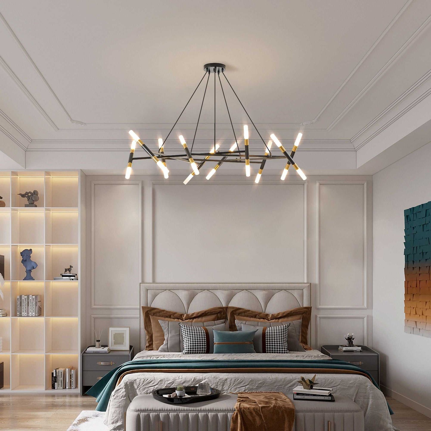 41" Black & Golden Modern Chandelier Light Fixture, Branch Design with Frosted Tubes, Black Cords, Adjustable Height Pendant Light for Dining Room, Living Room, or Kitchen Island (Bulb Not Included) - luxuryhomedecoridea.com