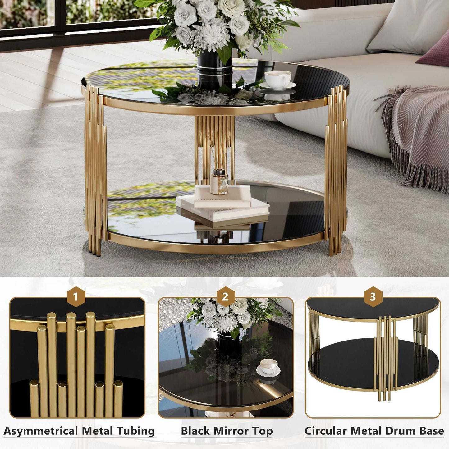 Modern Black Mirror Coffee Table, Asymmetrical Metal, Circular Metal Drum Base, Gold Finish & Lower Shelf - luxuryhomedecoridea.com