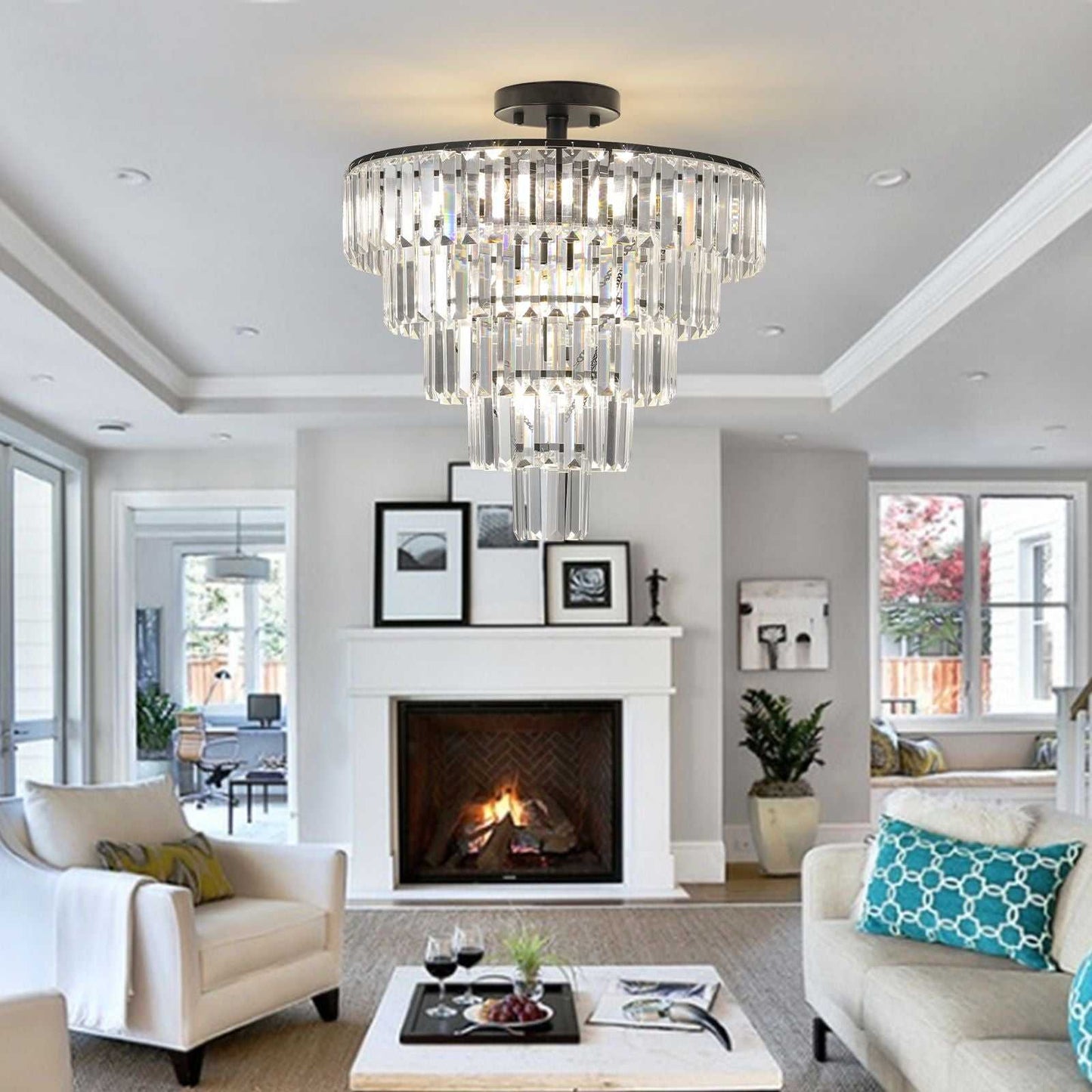 (Same as W1340110374/L5011) 20" Black Crystal Chandelier Ceiling Light, Modern Luxury 10-Light Flush Mount Light Fixture, Elegant Home Lighting for Living Room, Dining Room, Bedroom (No Bulbs) - luxuryhomedecoridea.com