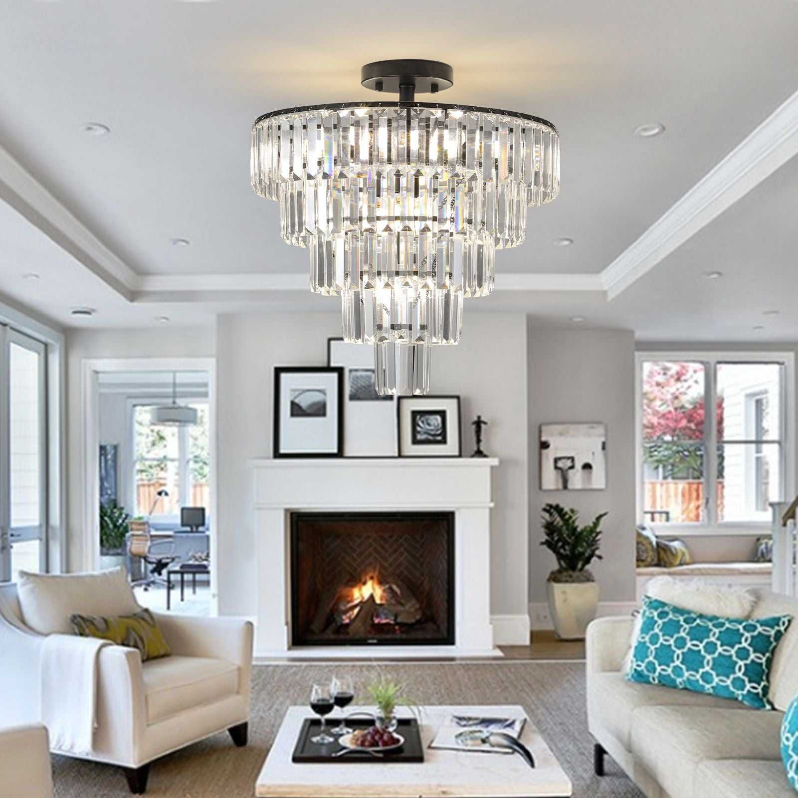 (Same as W1340110374/L5011) 20" Black Crystal Chandelier Ceiling Light, Modern Luxury 10-Light Flush Mount Light Fixture, Elegant Home Lighting for Living Room, Dining Room, Bedroom (No Bulbs) - luxuryhomedecoridea.com