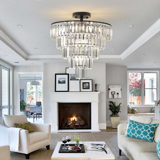(Same as W1340110374/L5011) 20" Black Crystal Chandelier Ceiling Light, Modern Luxury 10-Light Flush Mount Light Fixture, Elegant Home Lighting for Living Room, Dining Room, Bedroom (No Bulbs) - luxuryhomedecoridea.com