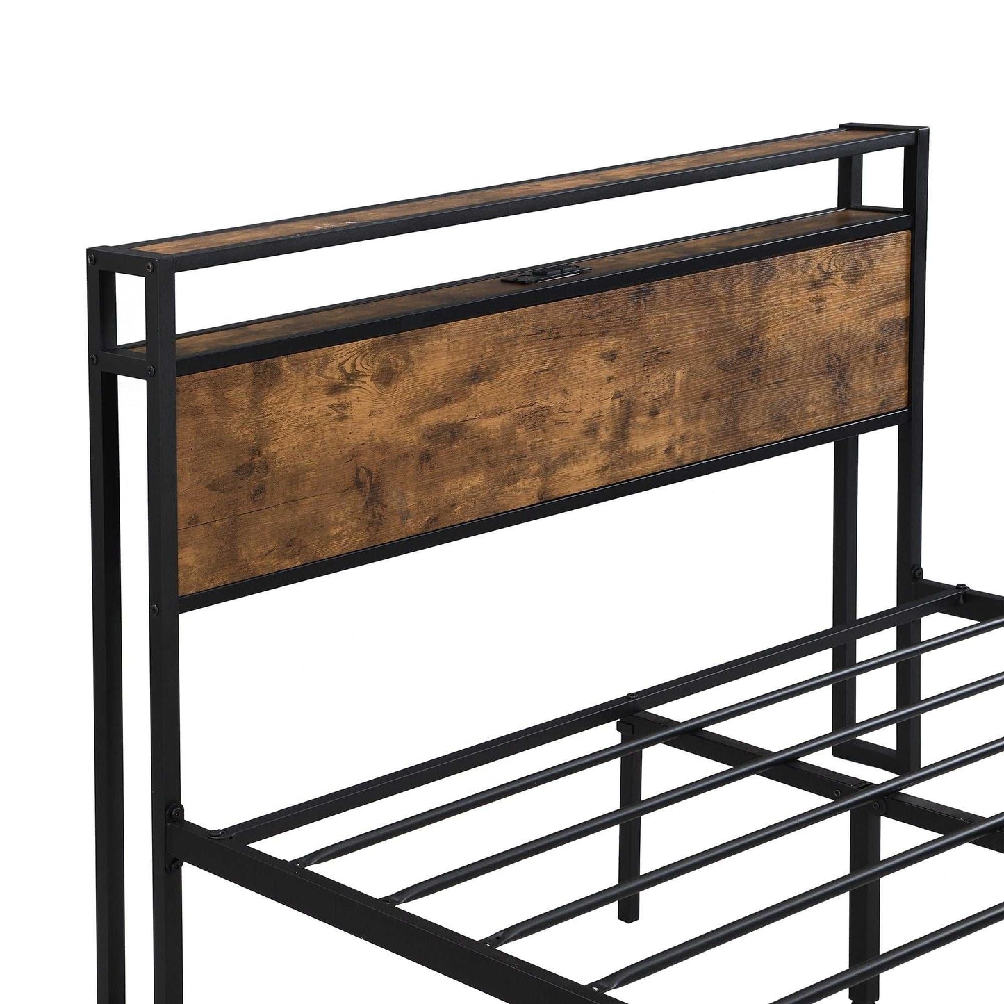 Queen Size Metal Platform Bed Frame with Wooden Headboard and Footboard with USB LINER, No Box Spring Needed, Large Under Bed Storage, Easy Assemble - luxuryhomedecoridea.com
