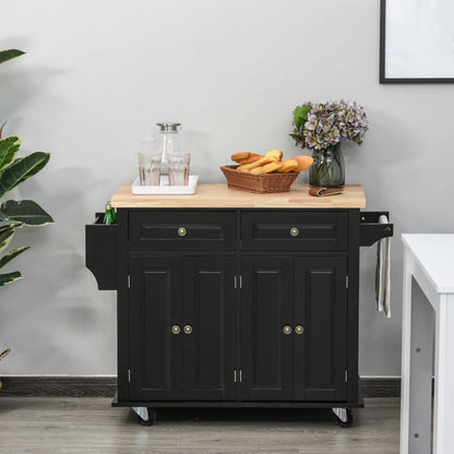 Kitchen Island Cart with Rubber Wood Top, Rolling Kitchen Island Table on Wheels with Drawers, Adjustable Shelves, Spice Rack and Towel Rack for Dining Room, Black - luxuryhomedecoridea.com